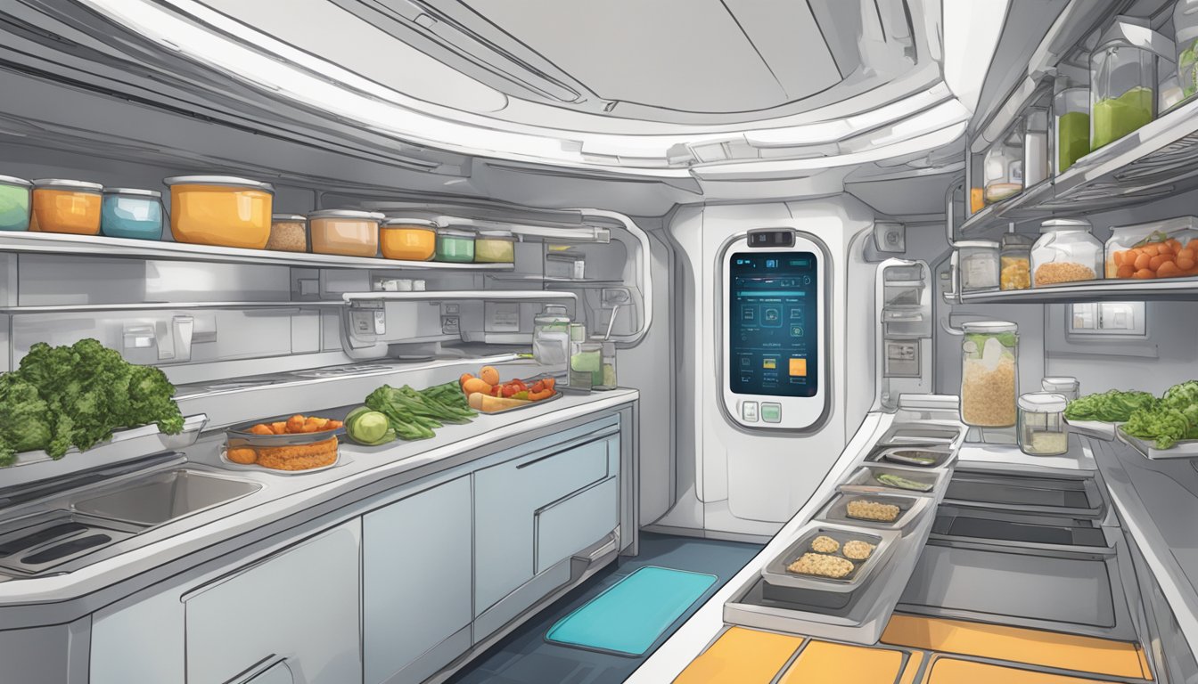 A space station kitchen with floating keto-friendly ingredients and meal plans on a digital screen