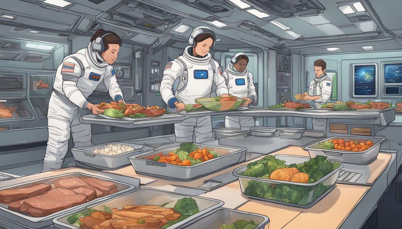 Astronauts prepare keto-friendly meals in a space station kitchen, surrounded by floating packets of freeze-dried meats and vegetables