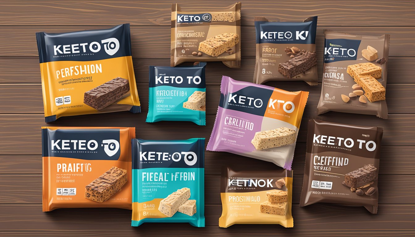 A variety of specialty protein bars arranged on a wooden table, with a prominent "Certified Keto Friendly" label on the packaging