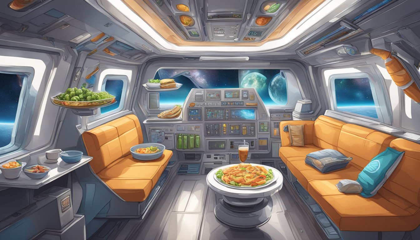 A spacecraft interior with keto-friendly food and drink floating in zero gravity