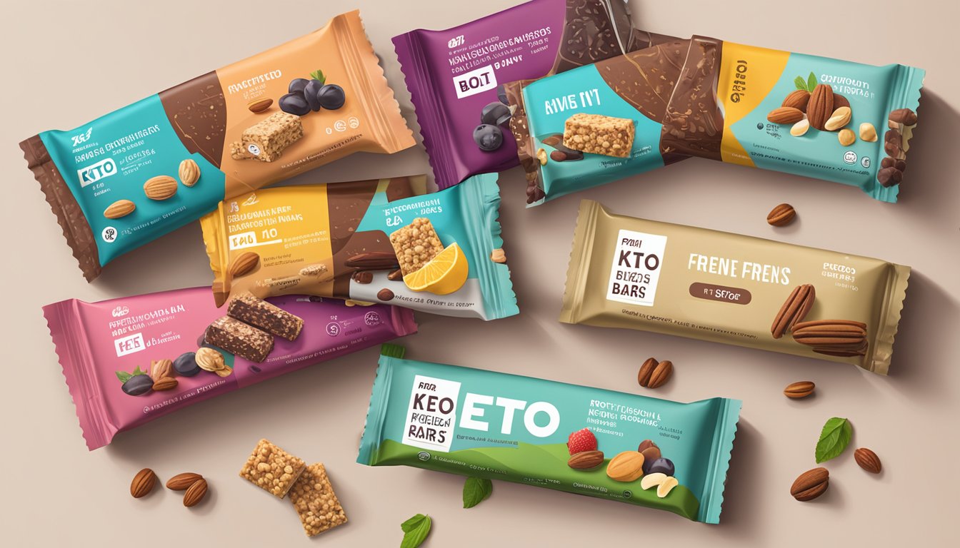 A variety of keto-friendly protein bars displayed on a shelf, surrounded by fresh fruits and nuts. The packaging features bold, clean designs with clear nutritional information