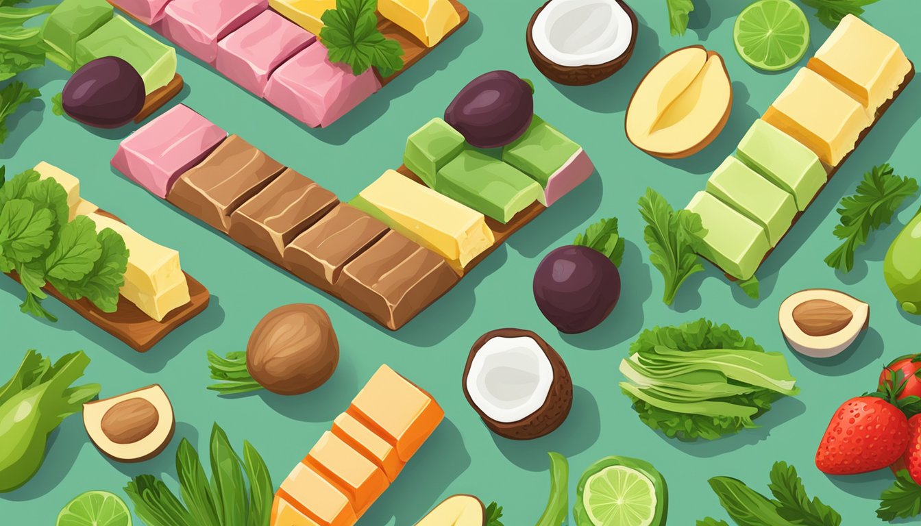 A variety of keto-friendly protein bars arranged on a wooden table with a backdrop of fresh green vegetables and fruits