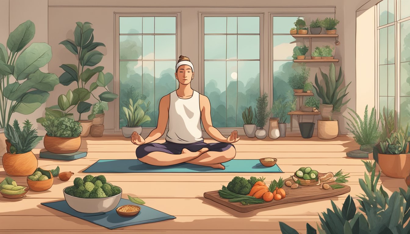 A yogi meditates in a serene yoga studio, surrounded by healthy keto-friendly foods and drinks