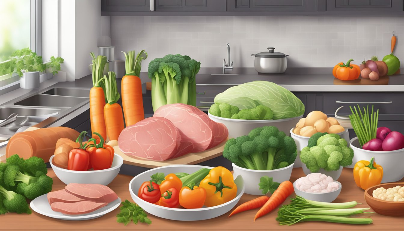 A variety of fresh vegetables and lean meats arranged on a clean, organized kitchen counter