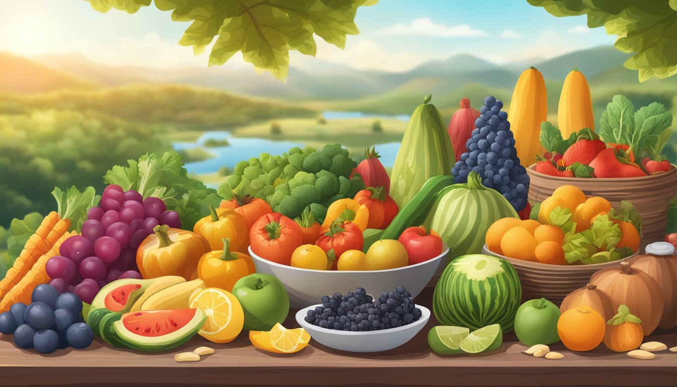 A table with seasonal fruits and vegetables, surrounded by a variety of keto-friendly foods. The setting is outdoors, with a backdrop of changing seasonal landscapes