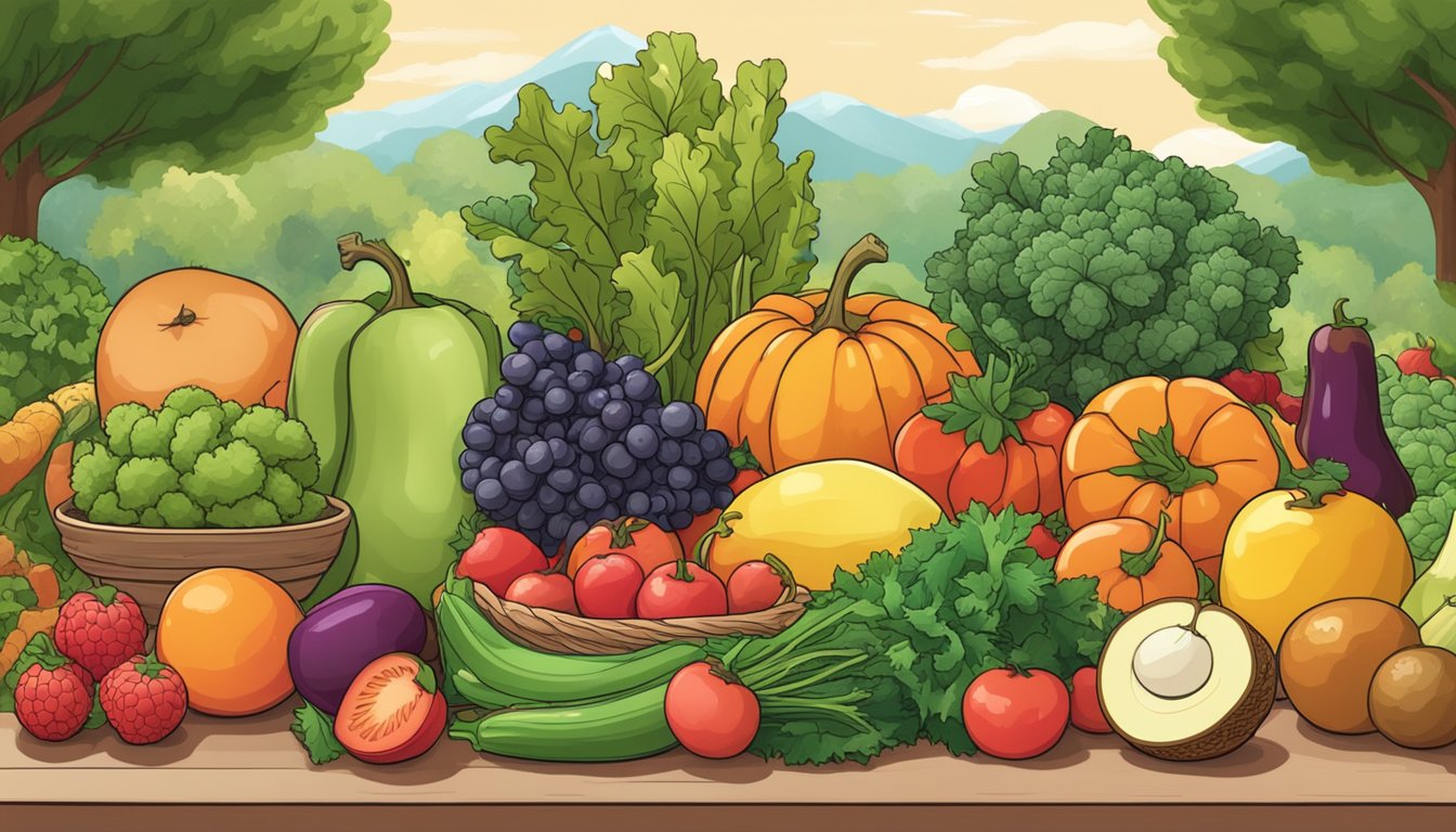 A table filled with seasonal fruits and vegetables, surrounded by changing foliage and weather, representing the different seasons of the keto diet