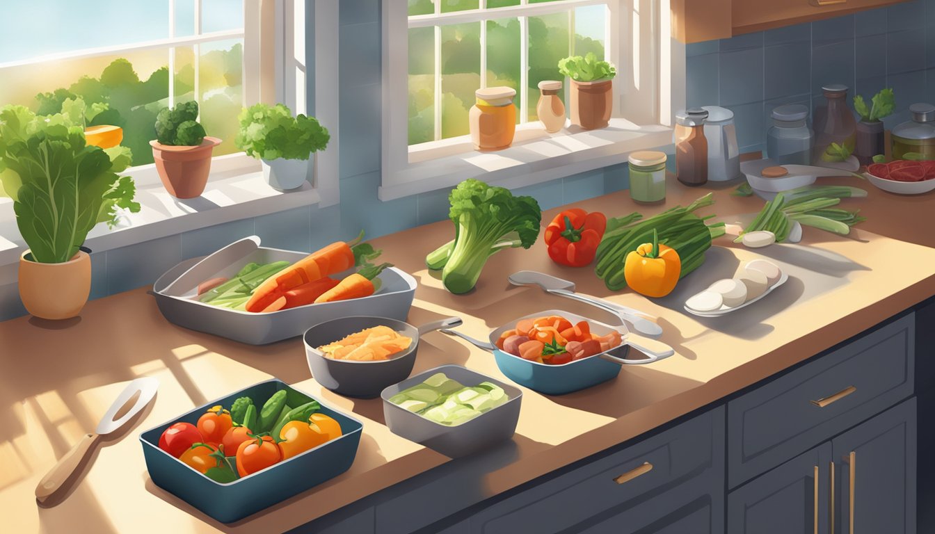 A kitchen counter with various fresh vegetables, meats, and cooking utensils arranged for meal preparation. Sunlight streams in through a window, casting shadows on the countertop