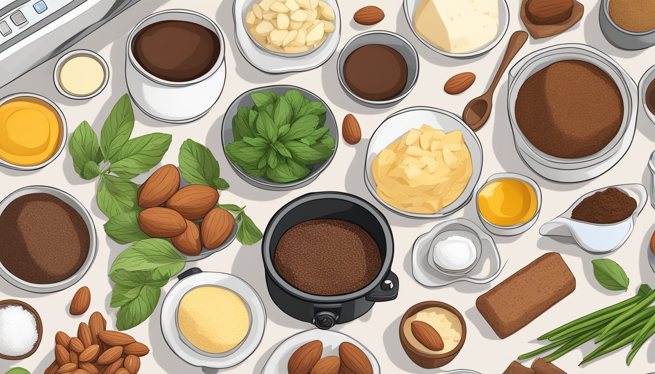 Various keto-friendly ingredients arranged around a slow cooker, including almond flour, coconut oil, stevia, and unsweetened cocoa powder