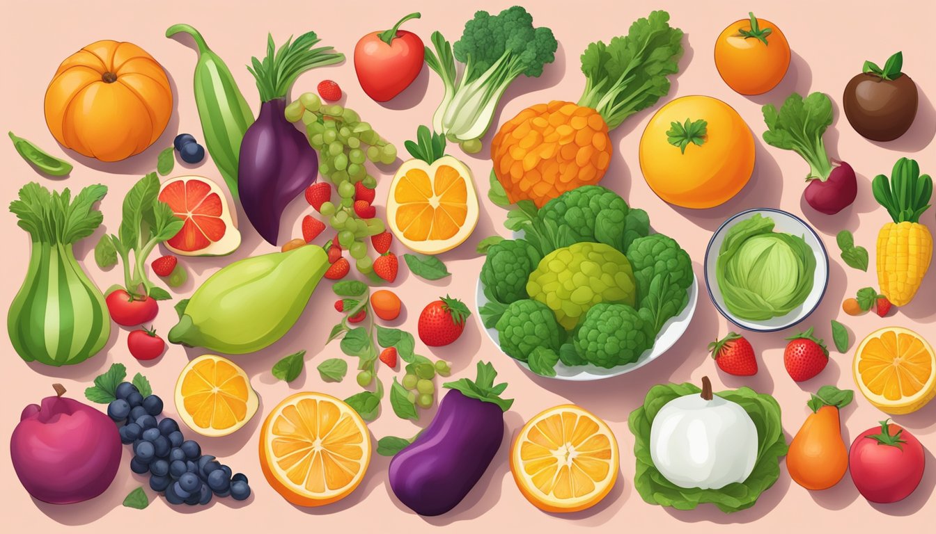 A colorful array of seasonal fruits and vegetables arranged around a central plate of keto-friendly dishes, each representing a different health condition