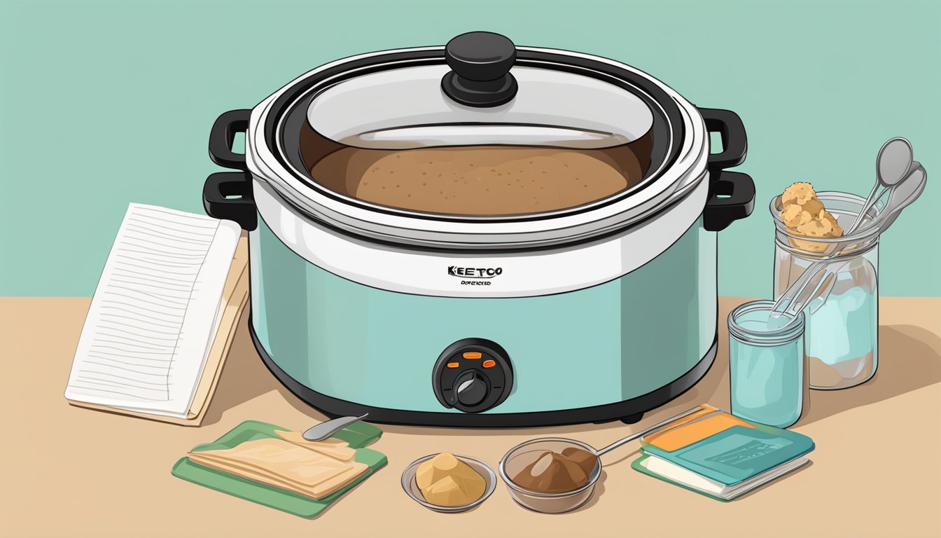 A slow cooker filled with keto-friendly dessert ingredients, surrounded by measuring spoons and a recipe book open to a page on customizing desserts