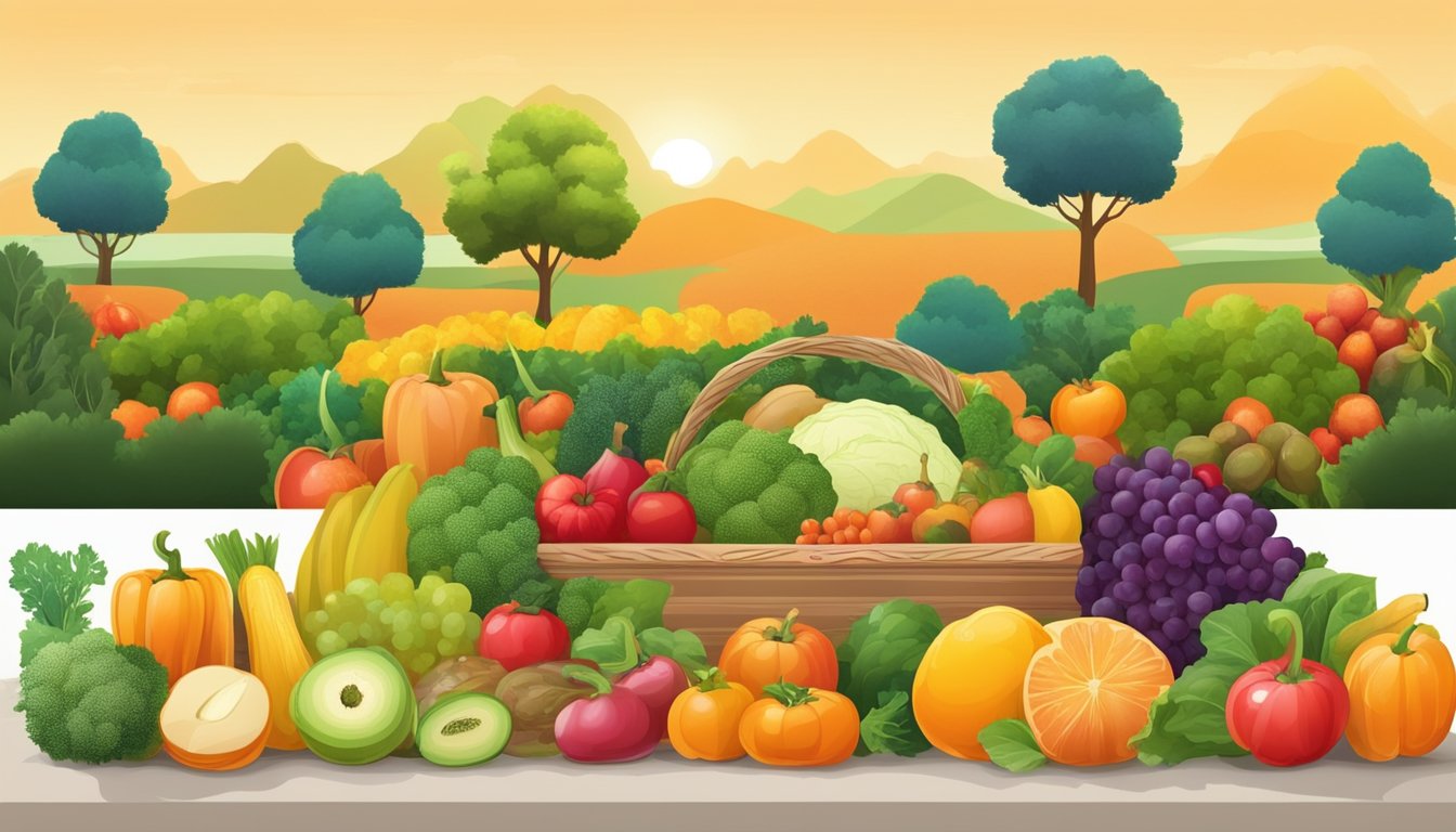 A table with seasonal fruits and vegetables arranged in a colorful display, surrounded by a variety of outdoor landscapes representing different seasons