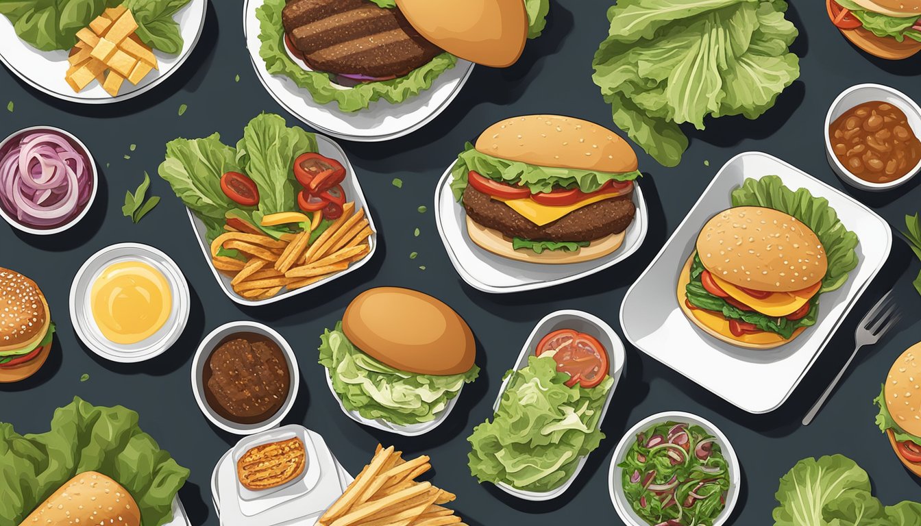 A variety of keto-friendly takeout options from different fast food venues, including salads, lettuce-wrapped burgers, and grilled chicken dishes, displayed on a table