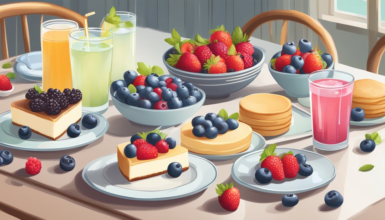 A table with keto-friendly desserts and drinks, including sugar-free cheesecake, almond flour cookies, and sparkling water with fresh berries