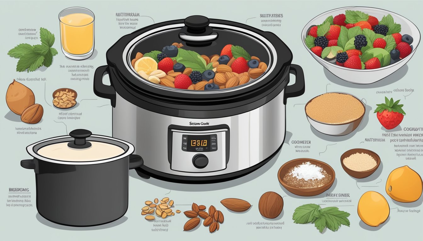 A slow cooker surrounded by fresh ingredients like berries, nuts, and coconut milk, with a list of nutritional benefits displayed nearby