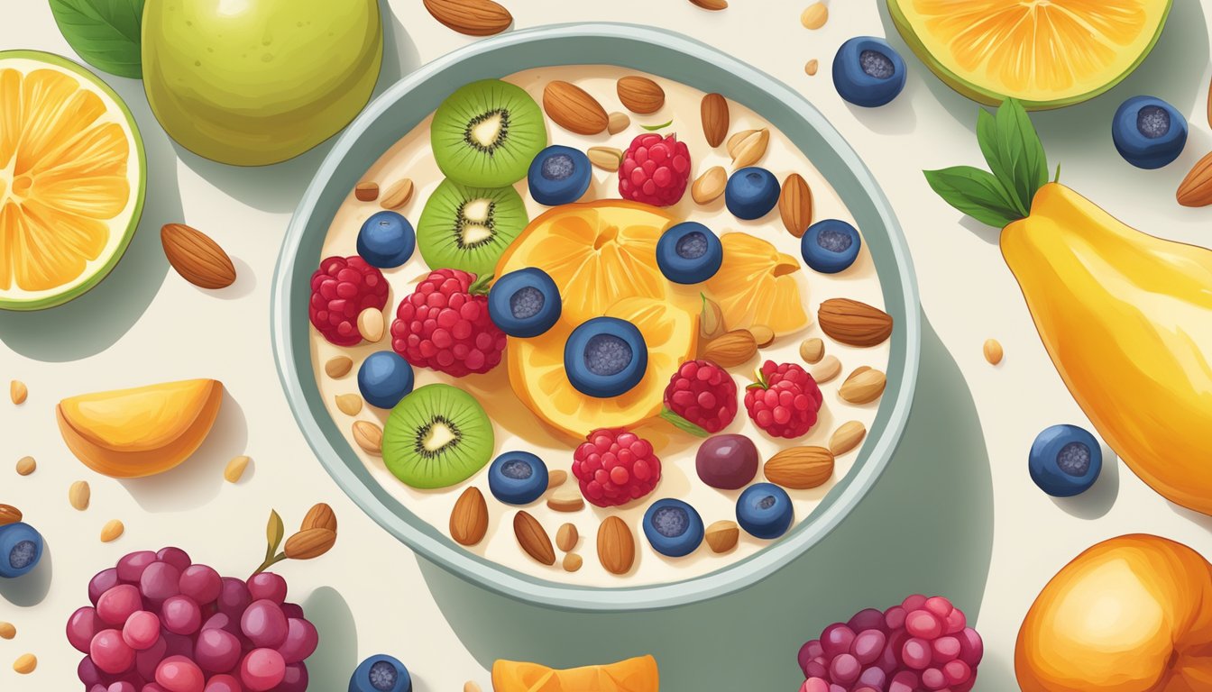 A colorful array of fresh fruits, nuts, and seeds arranged around a creamy, textured smoothie bowl