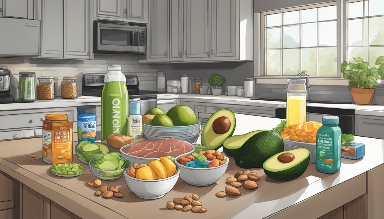 A triathlete's kitchen counter with keto-friendly foods and supplements, including avocados, nuts, lean meats, and electrolyte drinks