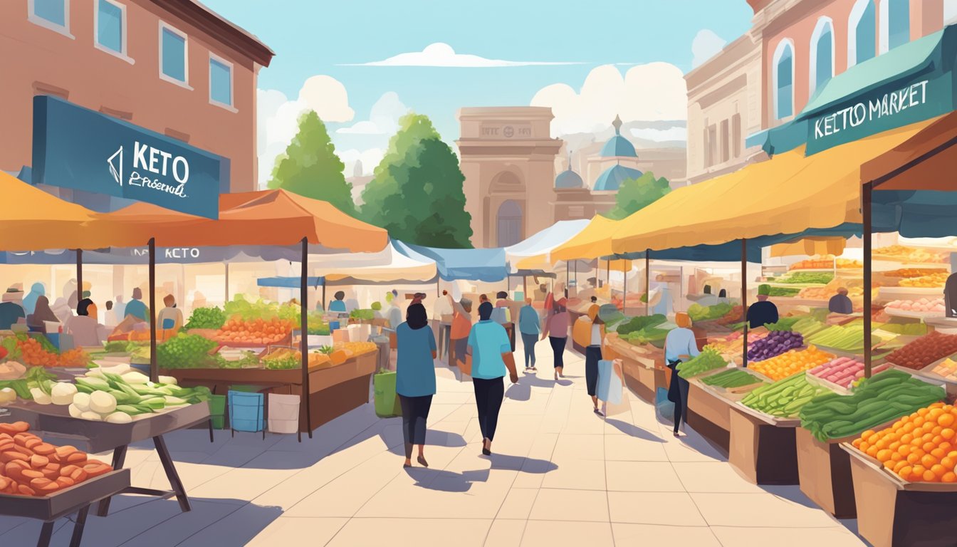 A bustling outdoor market with colorful stalls selling fresh produce, meats, and dairy products, all labeled with "keto-friendly" signs