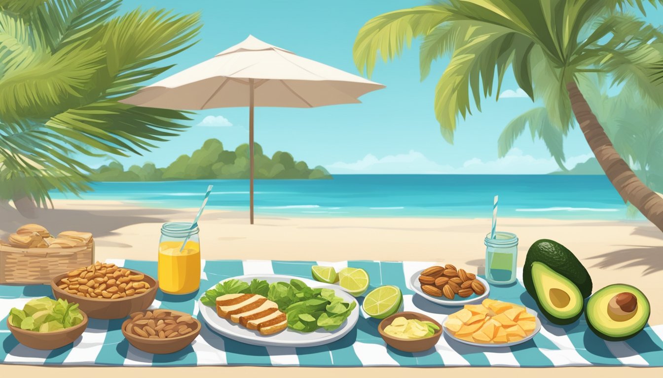 A serene beach with palm trees, clear blue water, and a picnic spread of keto-friendly foods like avocado, nuts, and grilled chicken