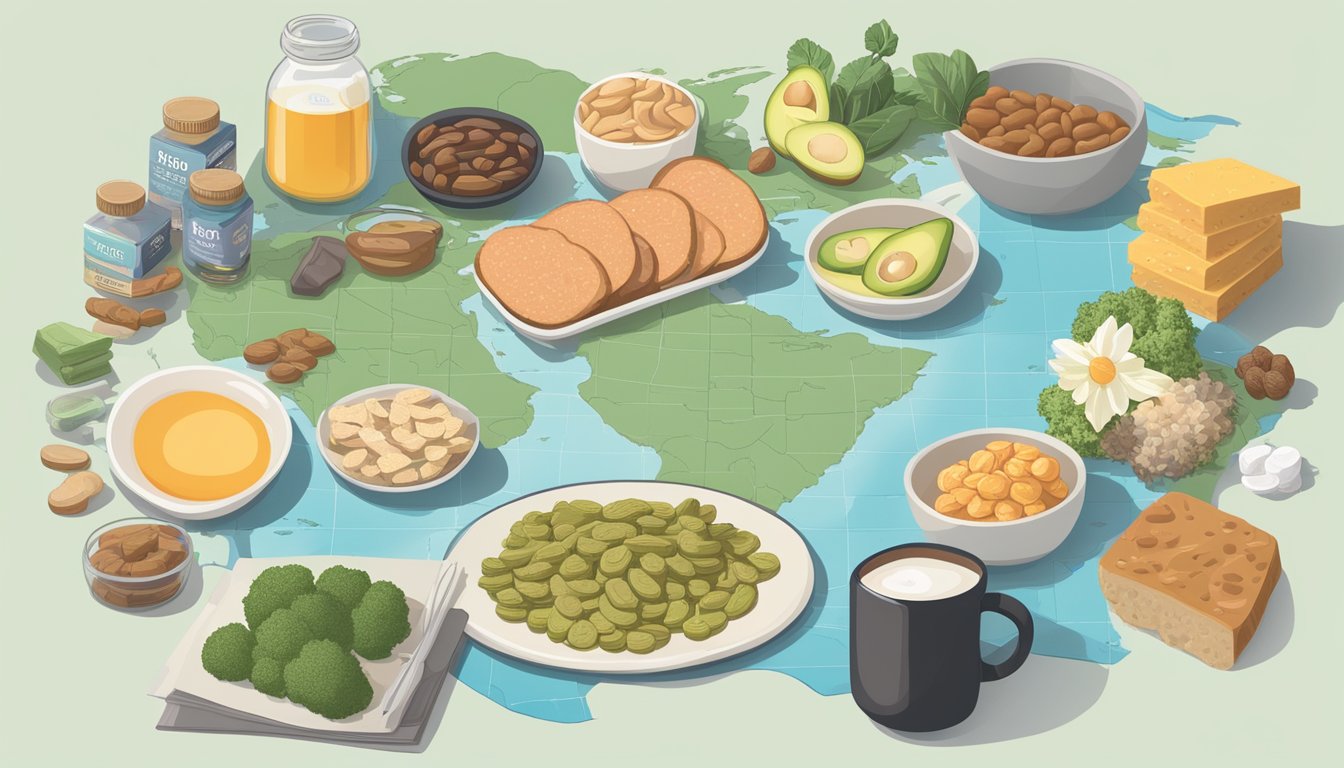 A table filled with keto-friendly supplements and travel snacks, surrounded by a map and guidebooks to keto-friendly destinations