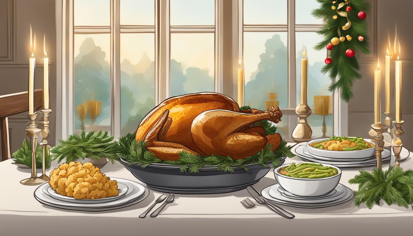 A beautifully set table with a roasted turkey, cauliflower mash, and green bean casserole, surrounded by festive decor and candles