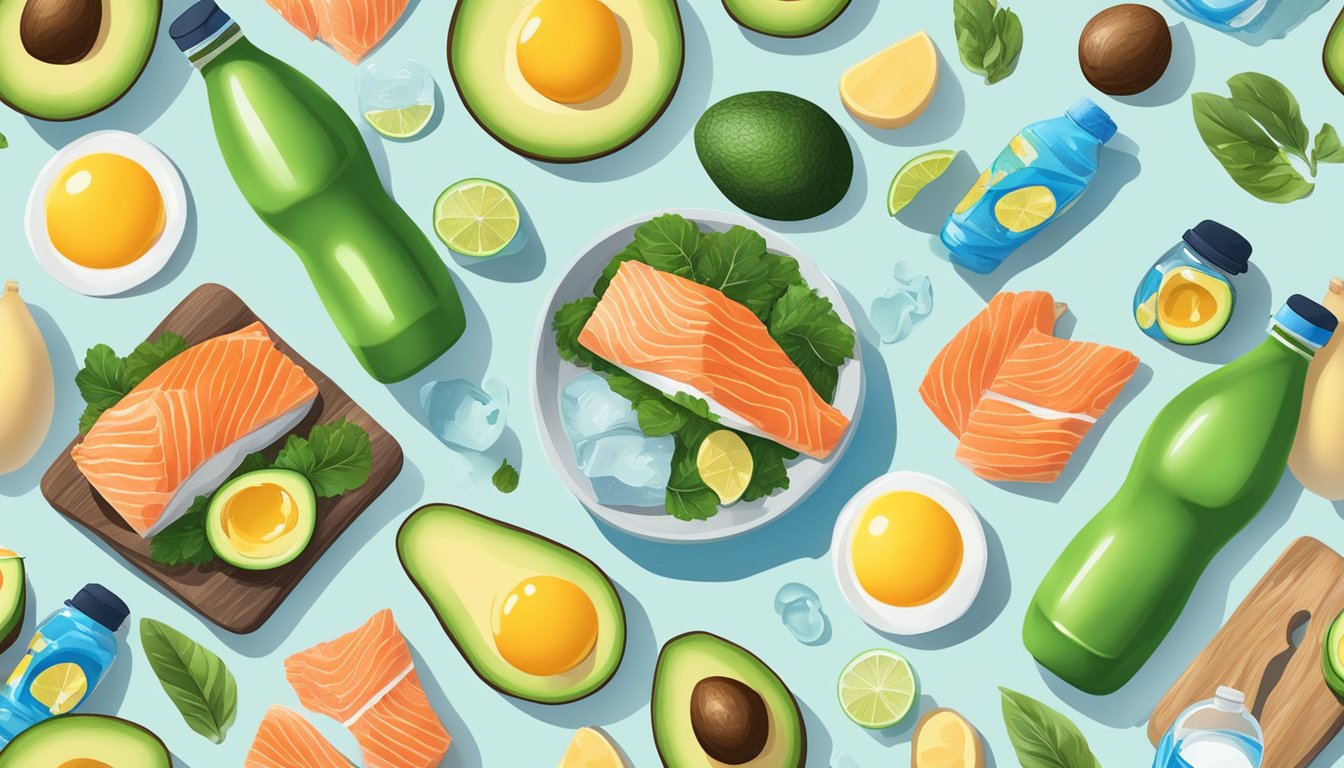 A swimmer surrounded by low-carb, high-fat foods like avocados, eggs, and salmon, with a water bottle and swim gear nearby