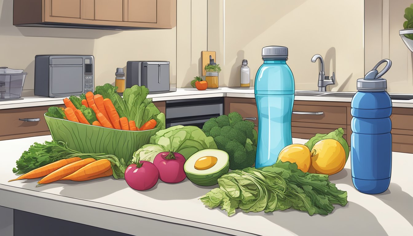 A swimmer's meal prep: colorful vegetables, lean proteins, and healthy fats arranged on a kitchen counter. A water bottle and swim gear in the background