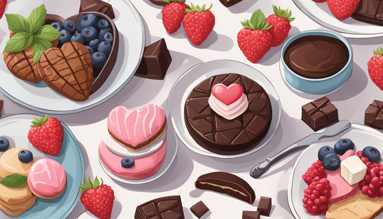 A table set with heart-shaped keto-friendly treats, surrounded by fresh berries and dark chocolate