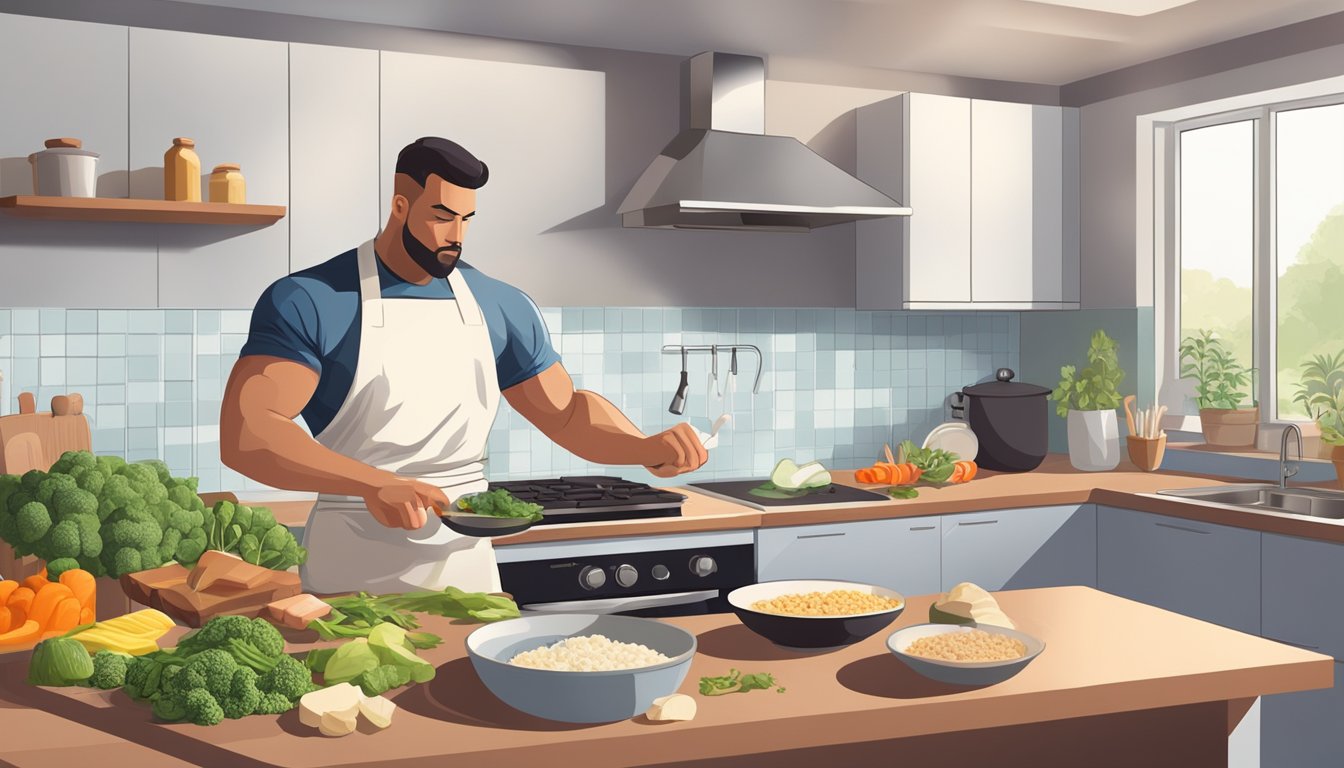 A martial artist preparing a keto-friendly meal with high-protein, low-carb ingredients in a well-equipped kitchen