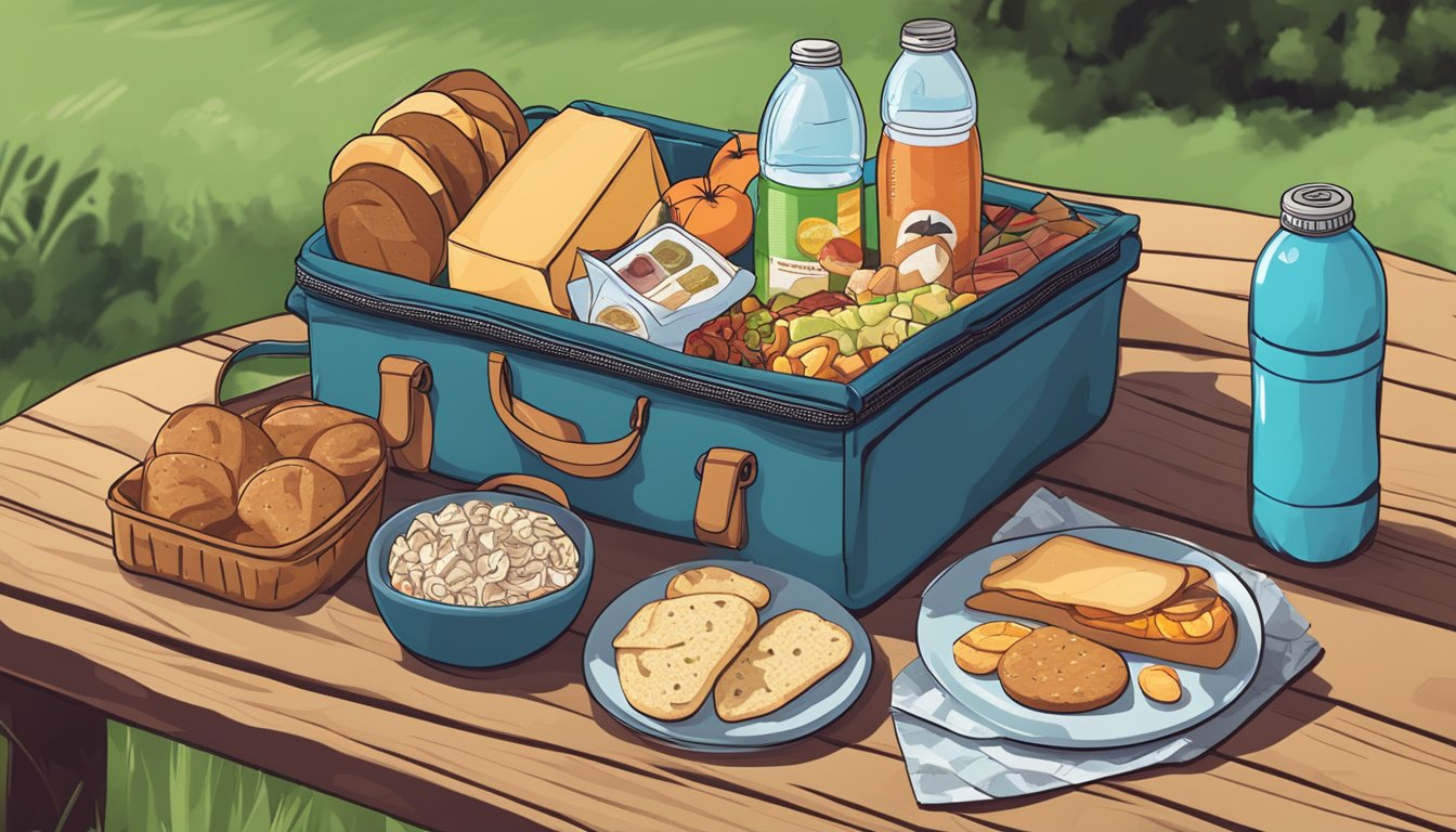 A picnic basket filled with keto-friendly snacks and meals, along with a water bottle and a map, sits on a wooden table next to a pair of hiking boots