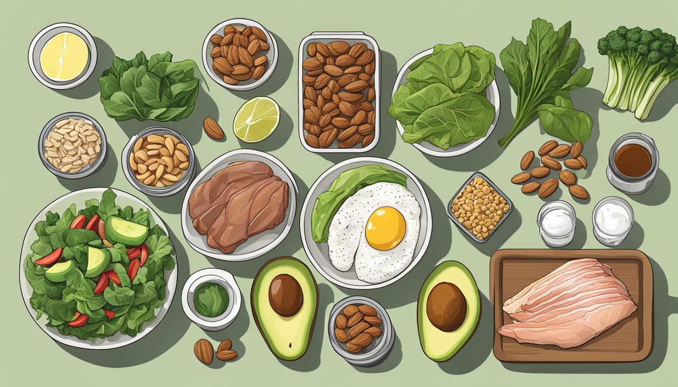 A runner's meal prep: keto-friendly foods arranged on a table, including nuts, avocado, lean meats, and leafy greens