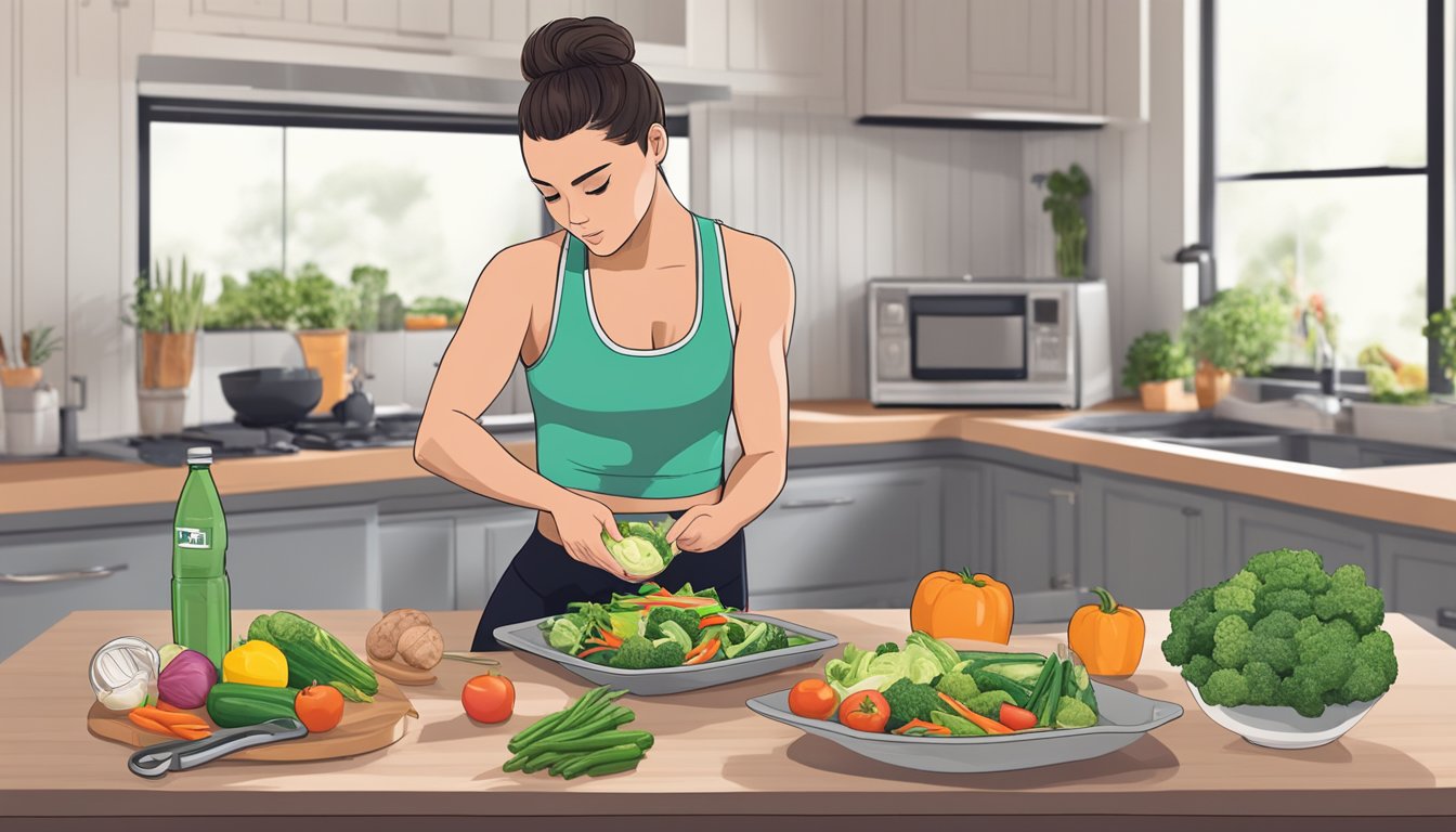 A gymnast preparing a keto-friendly meal with fresh vegetables and lean protein, surrounded by exercise equipment and a water bottle