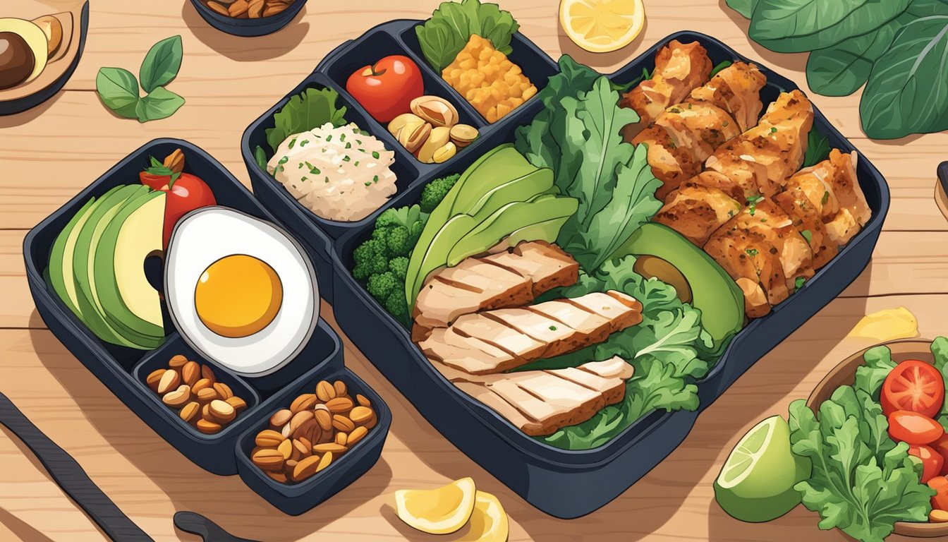 A colorful bento box filled with keto-friendly foods, including avocado, grilled chicken, leafy greens, and nuts, neatly arranged on a wooden table