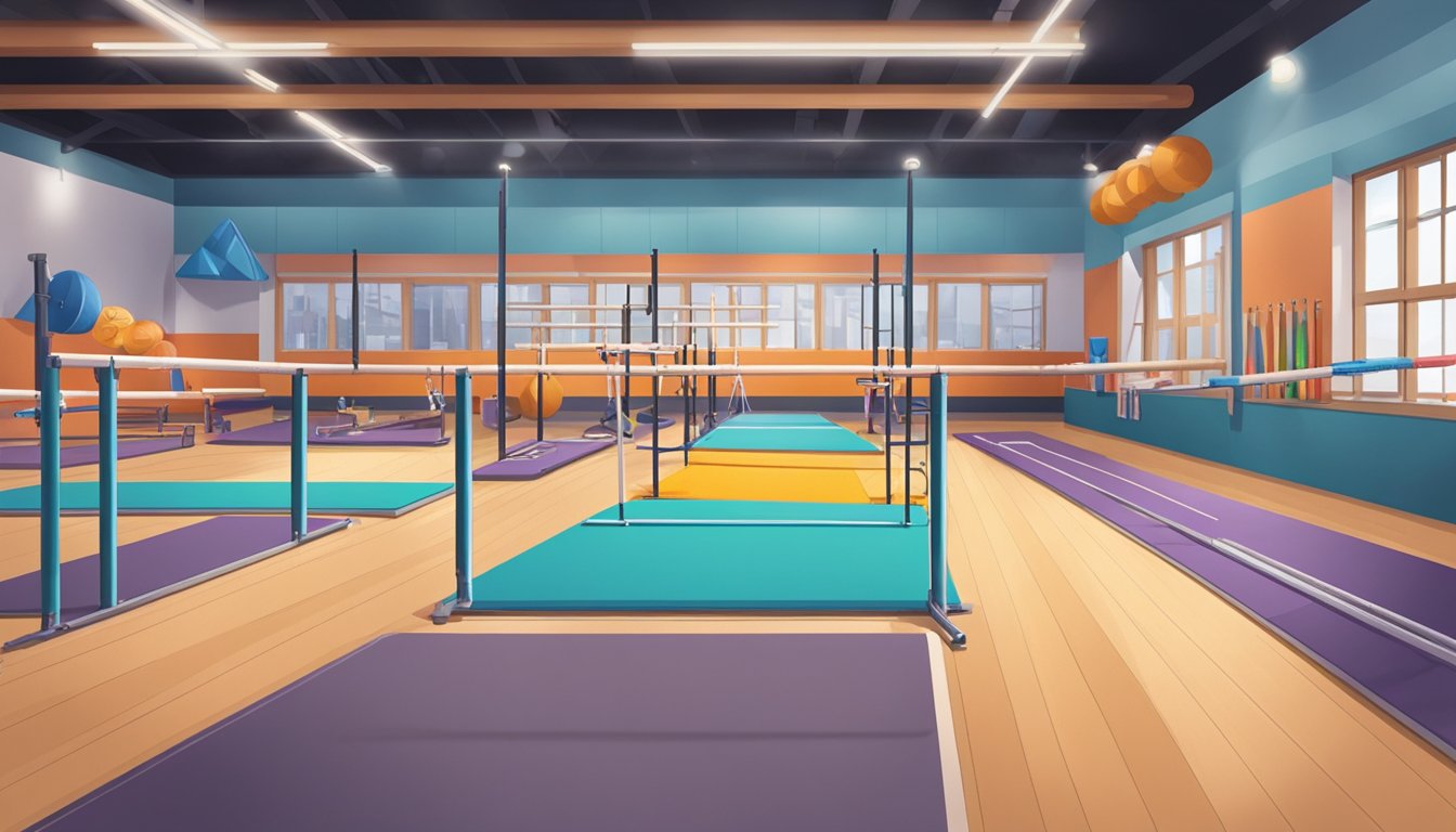 A gymnastics training facility with keto-friendly foods and snacks displayed in the foreground. Gymnastic equipment such as parallel bars, balance beams, and mats are visible in the background