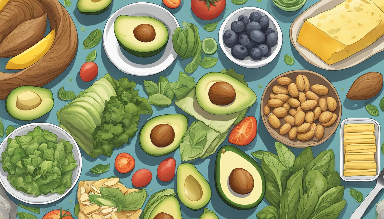 A gymnast's meal plan: a colorful array of low-carb, high-fat foods like avocados, nuts, and leafy greens, with a focus on protein and healthy fats