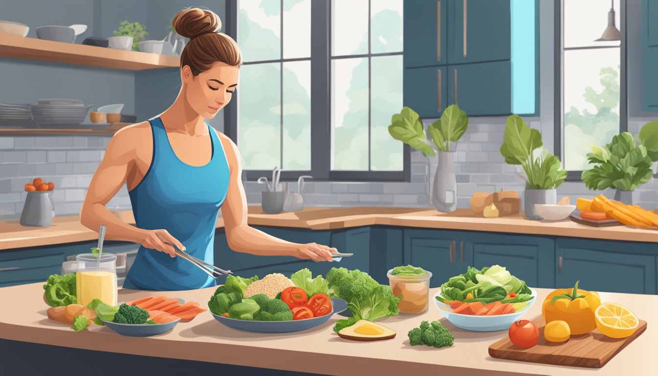 A gymnast preparing keto-friendly meals with a variety of low-carb ingredients and using portion control for energy and performance