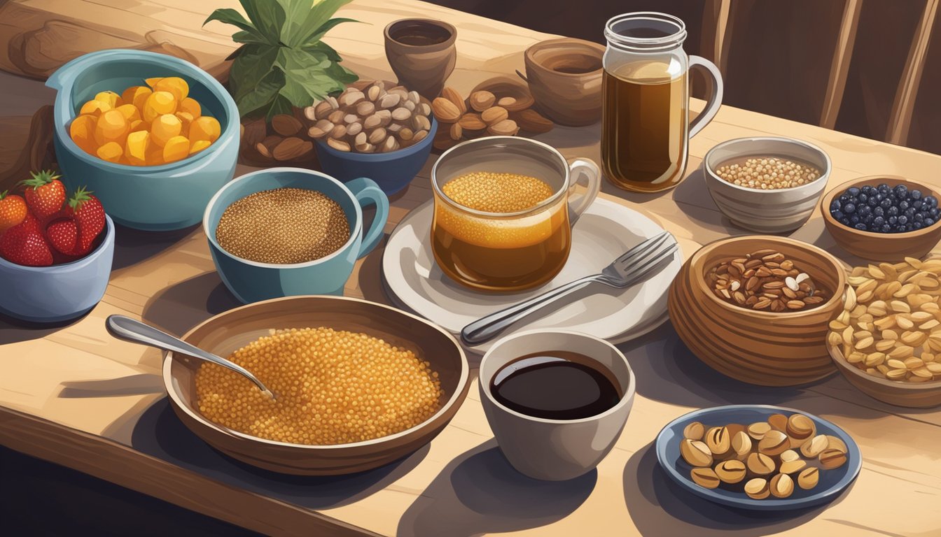 A rustic kitchen table with a bowl of cooked sorghum, surrounded by various toppings like fruits, nuts, and honey. A steaming cup of coffee sits next to the bowl