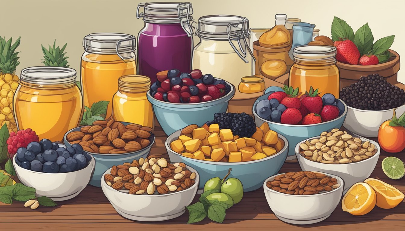 A table filled with various bowls of fresh fruit, nuts, honey, and other toppings, alongside jars of different flavored syrups and spices, all ready to be used for creating delicious breakfast sorghum