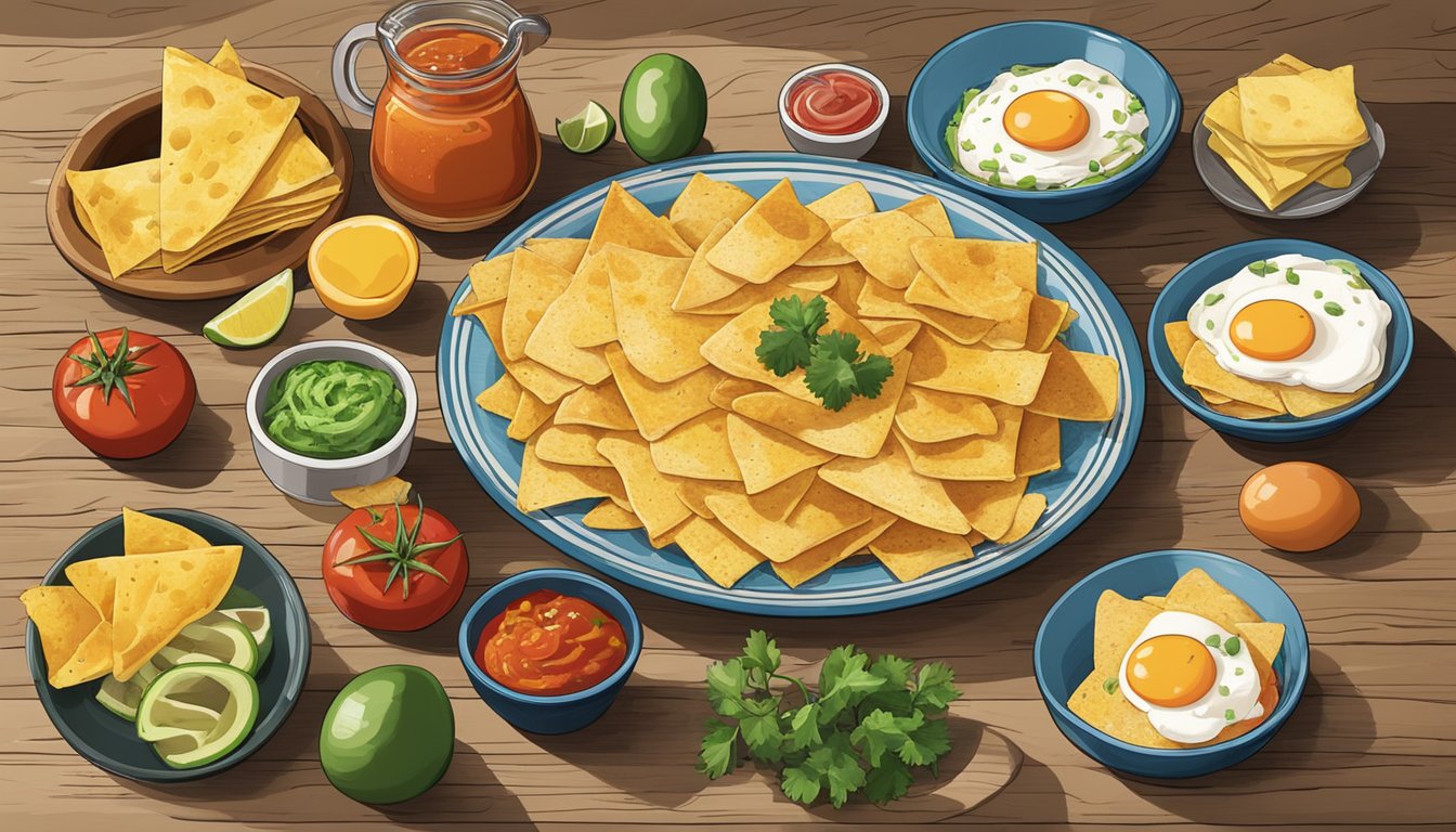 A colorful array of fresh ingredients, including tortilla chips, salsa, cheese, and eggs, are arranged on a rustic-looking plate, evoking the rich history and origins of the beloved breakfast dish, chilaquiles