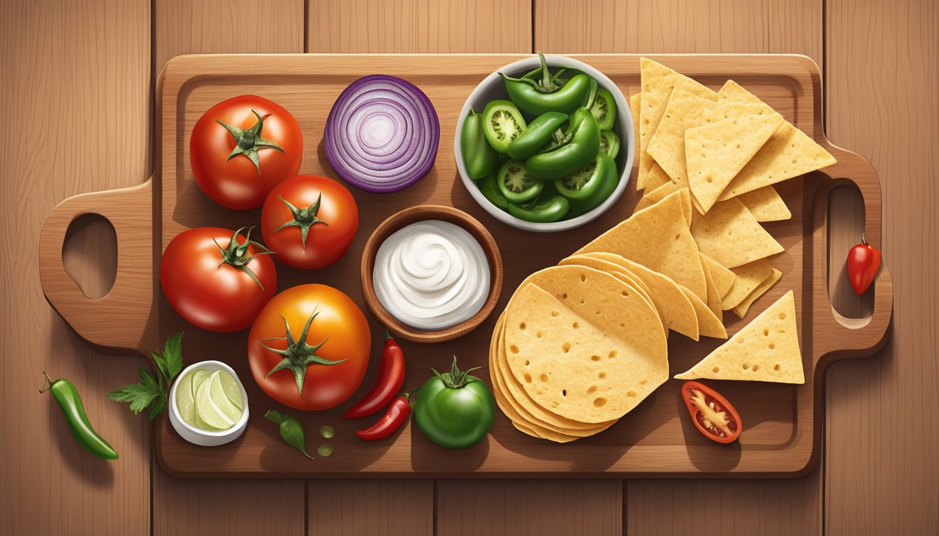 A colorful array of fresh tomatoes, onions, chili peppers, tortilla chips, and queso fresco arranged on a wooden cutting board