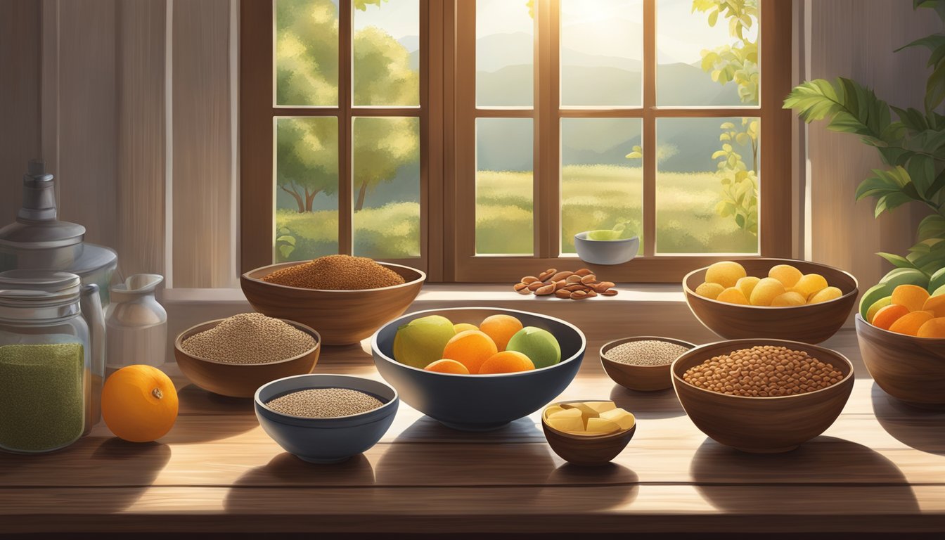 A rustic wooden table adorned with bowls of teff, fresh fruits, nuts, and spices, surrounded by morning sunlight streaming through a window