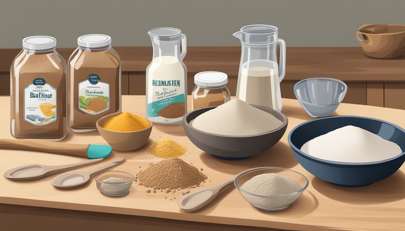 A kitchen counter with various baking ingredients and utensils laid out, including a bag of teff flour, a mixing bowl, measuring cups, and a whisk