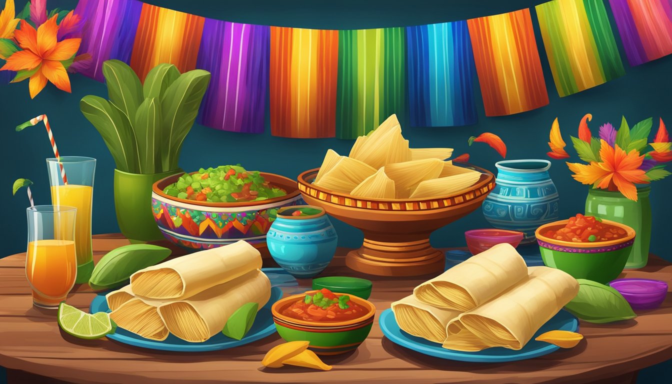 A table set with steaming tamales and colorful Mexican beverages, surrounded by vibrant decorations and traditional pottery