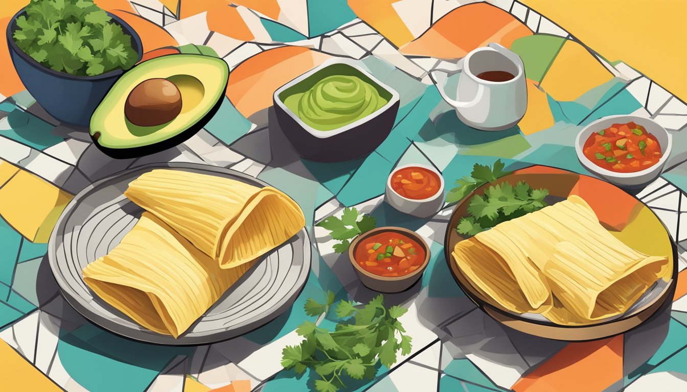 A colorful spread of breakfast tamales surrounded by fresh salsa, avocado, and cilantro on a modern, geometric-patterned table setting