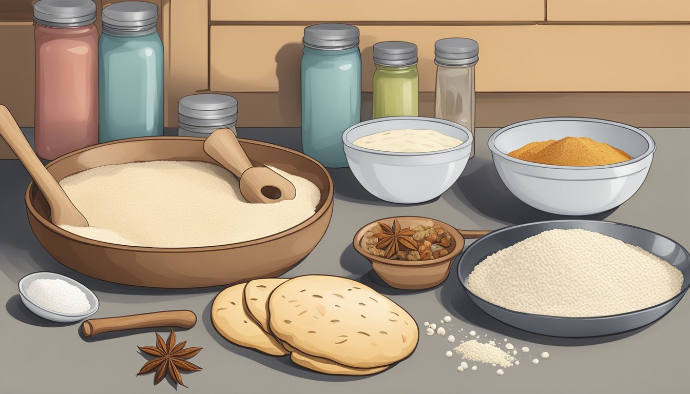 A kitchen counter with bowls of flour, yeast, and spices, a rolling pin, and a pan with freshly cooked naan