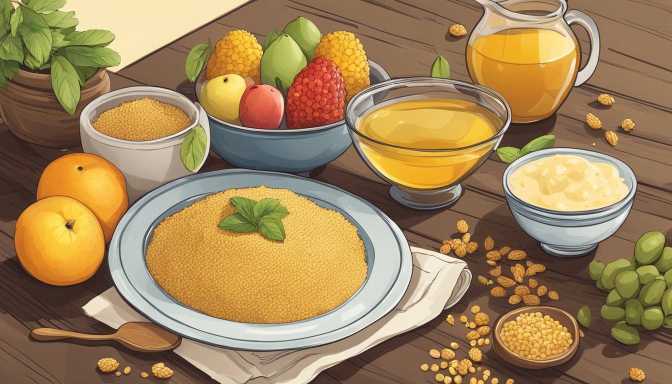 A rustic kitchen table set with a bowl of cooked millet, surrounded by fresh fruits, nuts, and honey, with a cookbook open to a millet breakfast recipe