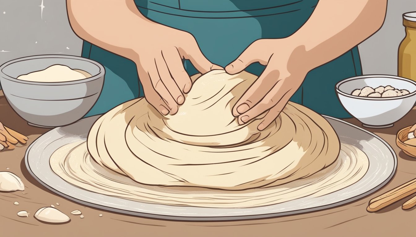 A pair of hands kneading dough on a floured surface, with a bowl of ingredients nearby