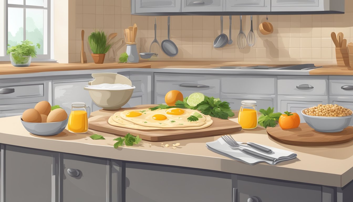 A kitchen counter with ingredients and utensils to make homemade breakfast naan