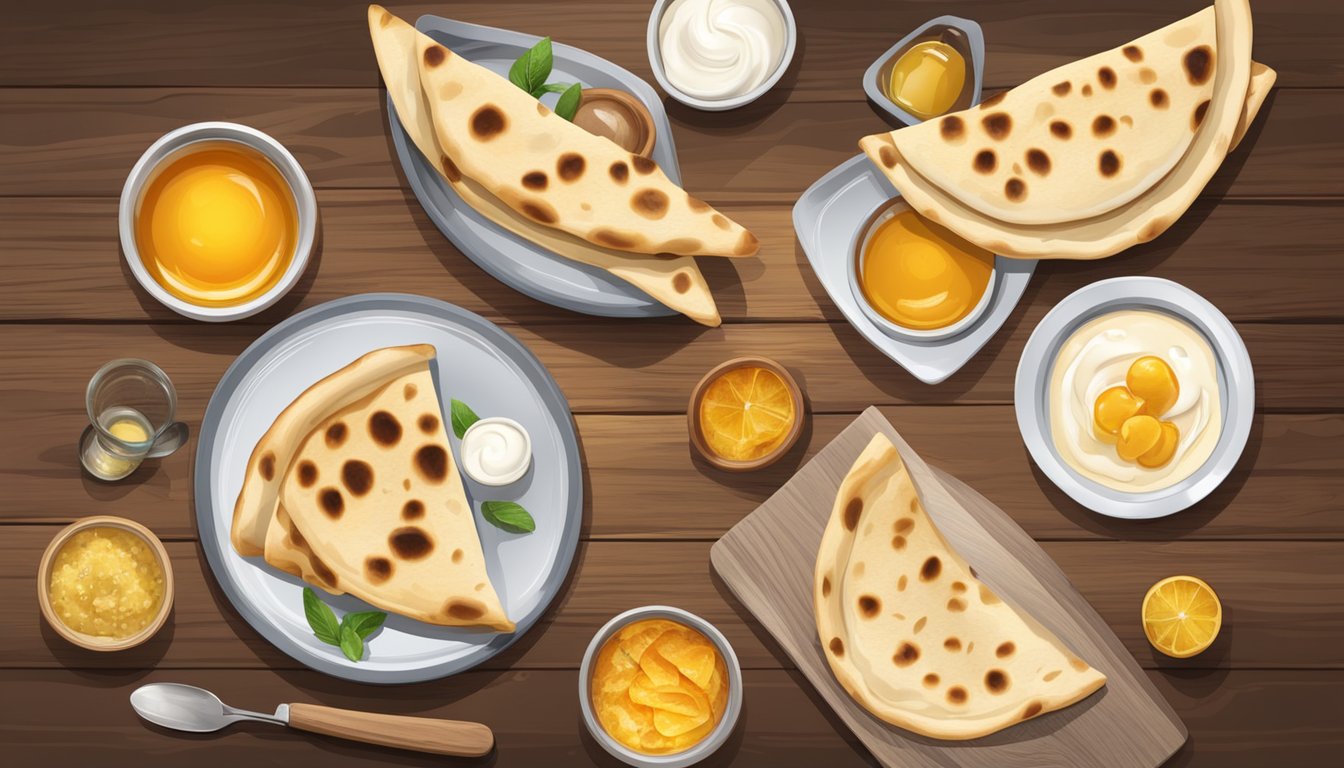 A rustic wooden table set with a plate of golden, freshly baked naan bread, accompanied by small dishes of yogurt, honey, and sliced fruit