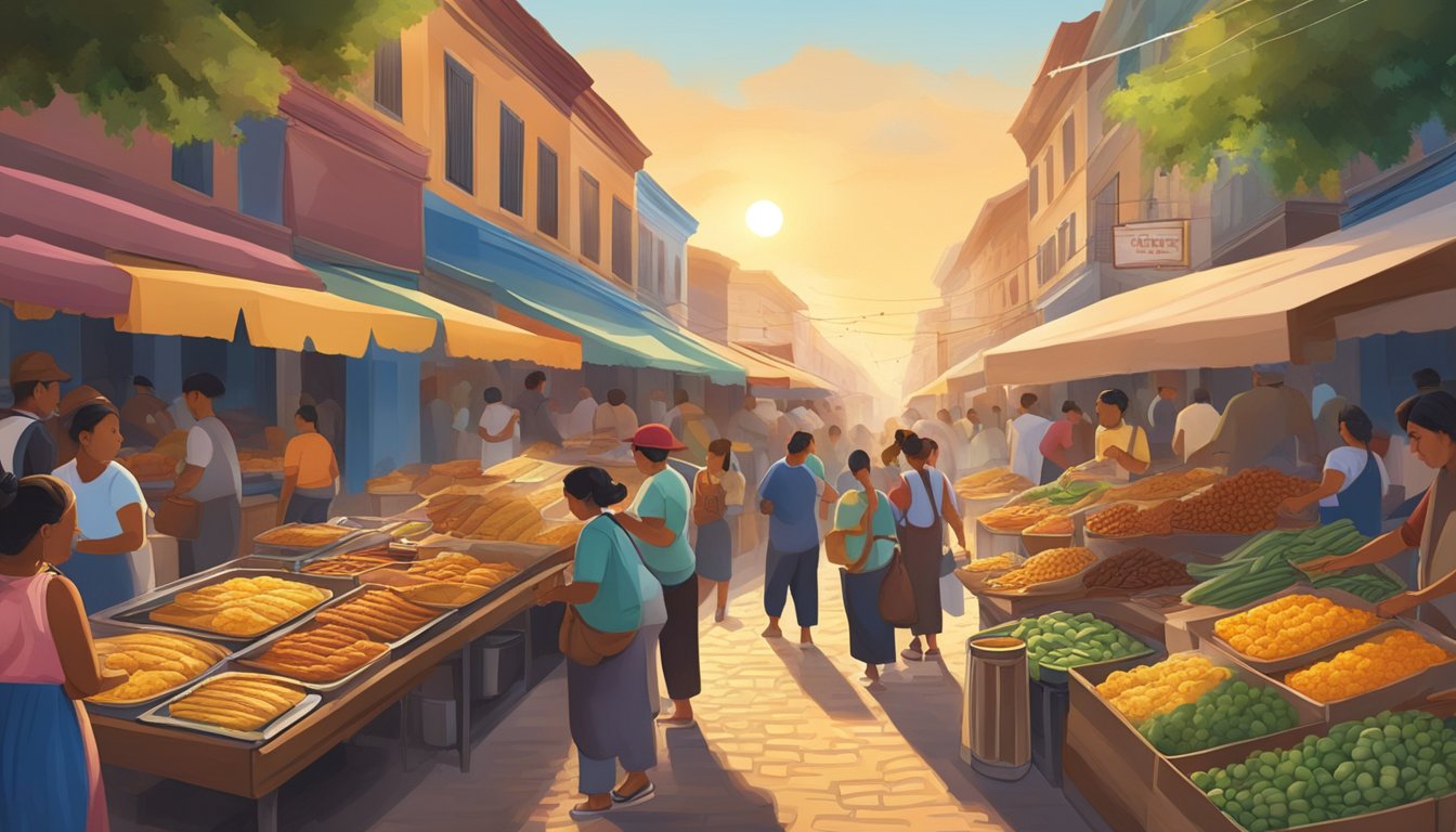 A bustling market with vendors selling traditional gorditas at sunrise