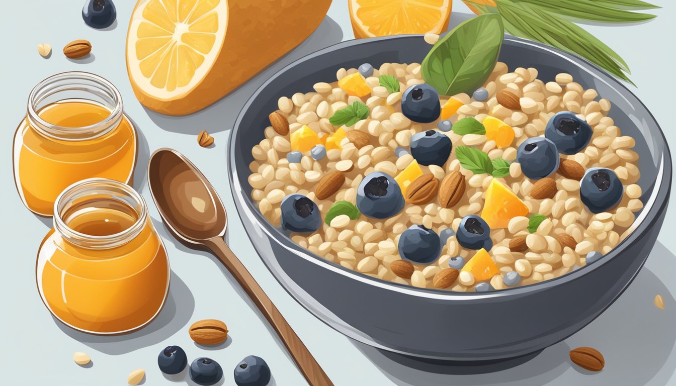 A bowl of cooked barley surrounded by various breakfast toppings such as fruits, nuts, and honey, with a spoon placed next to the bowl